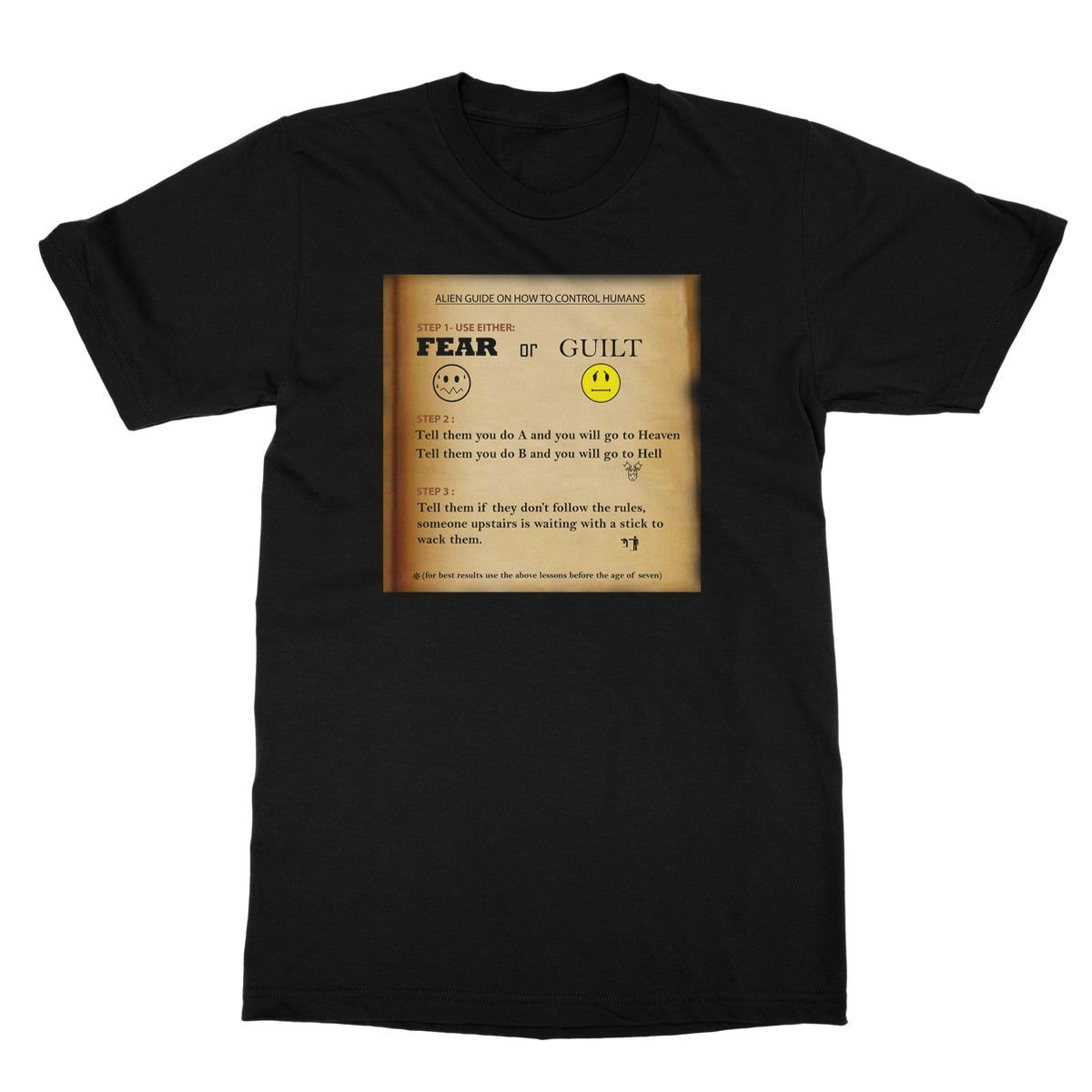 Fear or Guilt Golden Softstyle T-Shirt (Controlling Humans through Fear, Guilt, and Religious Beliefs)