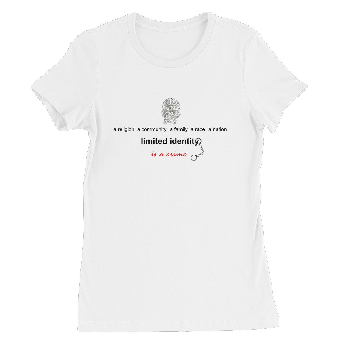 Limited Identity Women's T-Shirt (perpetuating social divisions, discrimination, and conflicts)