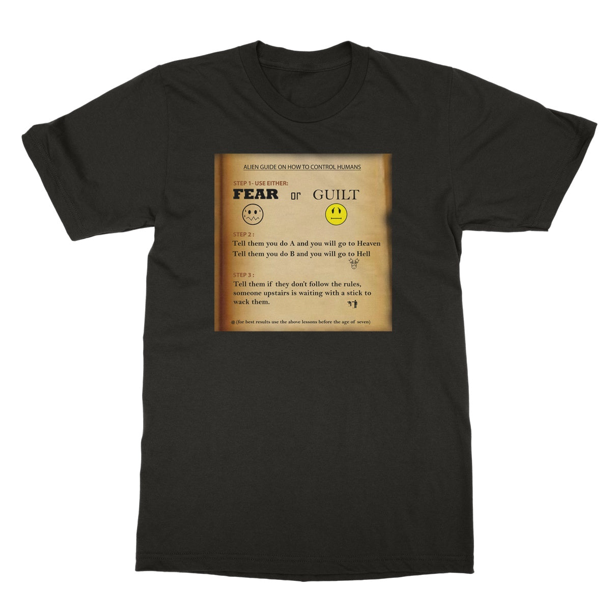 Fear or Guilt Golden Softstyle T-Shirt (Controlling Humans through Fear, Guilt, and Religious Beliefs)