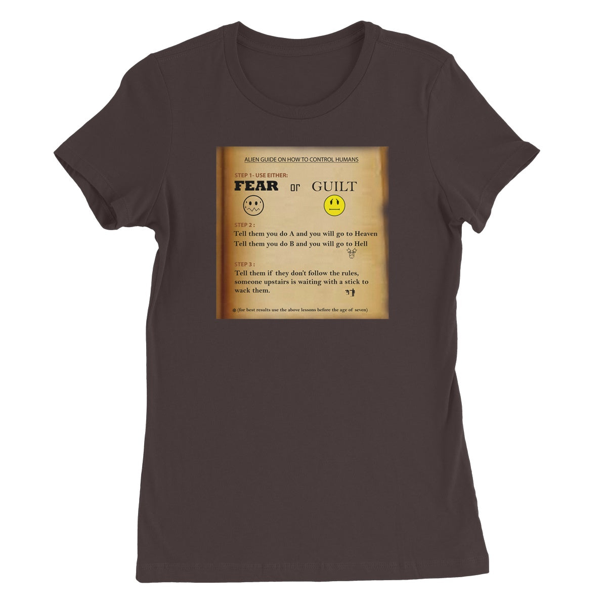 Fear or Guilt Golden Women's T-Shirt (Controlling Humans through Fear, Guilt, and Religious Beliefs)