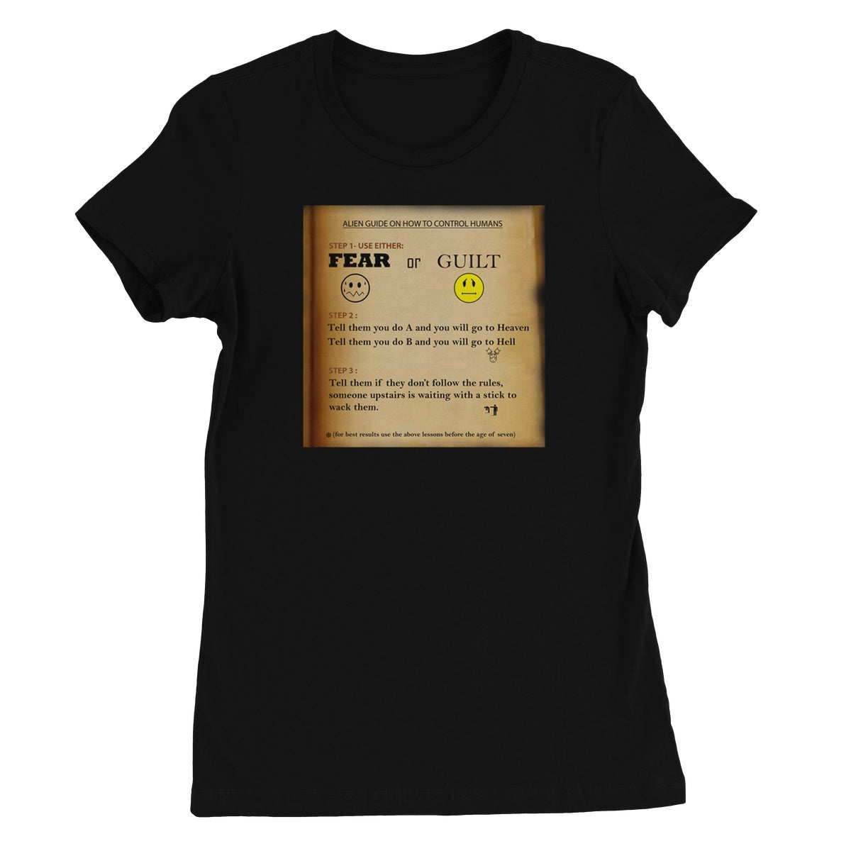 Fear or Guilt Golden Women's T-Shirt (Controlling Humans through Fear, Guilt, and Religious Beliefs)